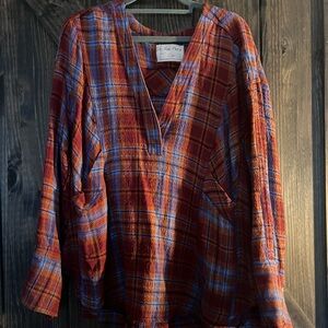Free People Plaid V-Neck Long Sleeve Flannel Top